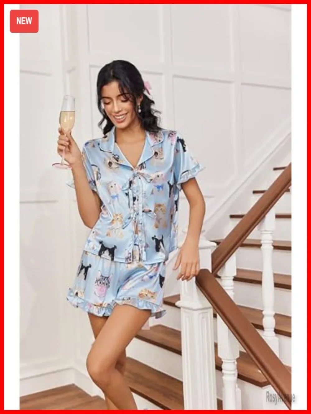 Satin Pajama Short Set Bow Front Tie Up Loungewear Sleepwear Bridal